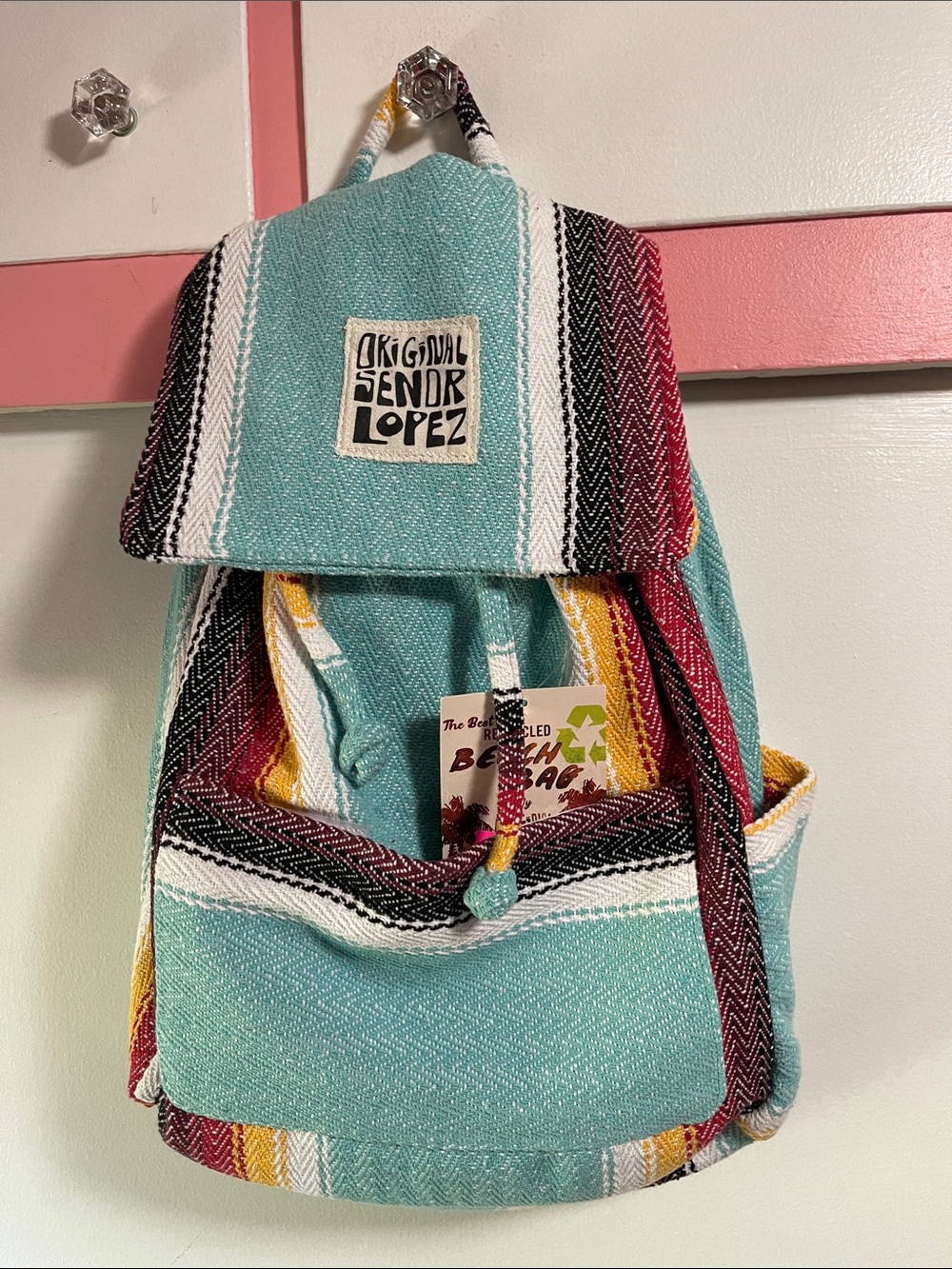 Original Senor Lopez Teal Striped Canvas Backpack